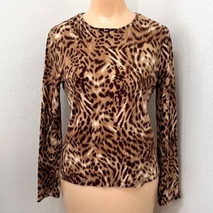 Jones New York Womens Leopard Print Top Size PM Long Sleeve Animal Print Casual